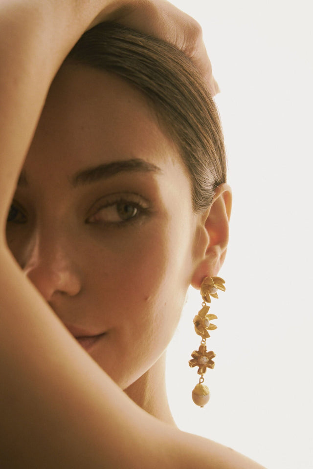 DECONSTRUCTED HYDRANGEA LONG EARRINGS, PEARL AND ROUGH EMERALDS