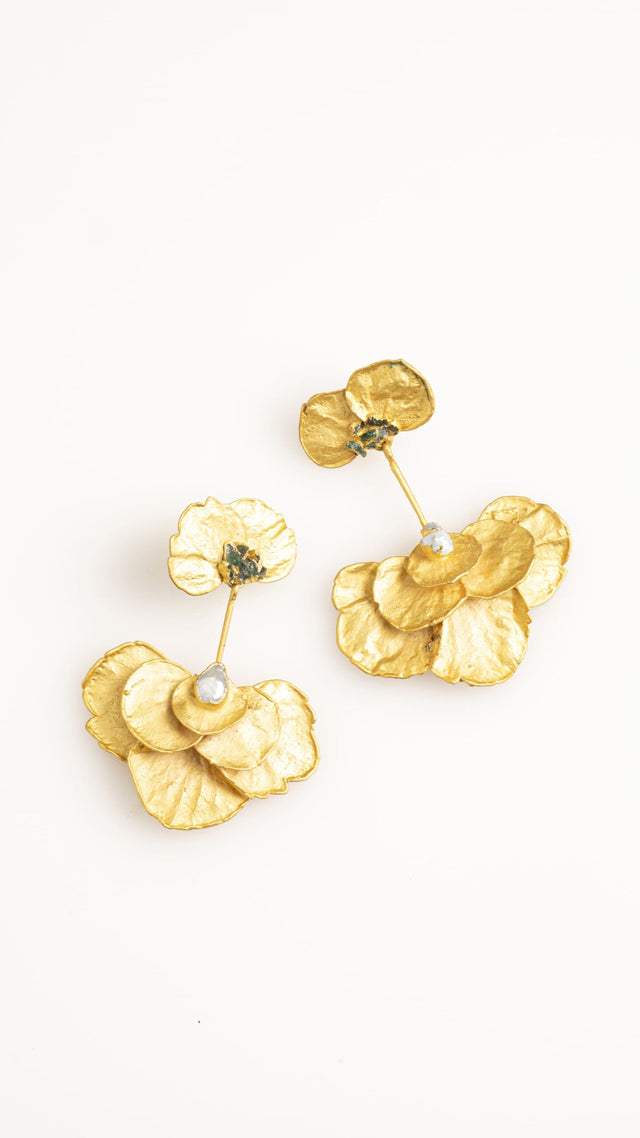 DECONSTRUCTED HYDRANGEA LONG EARRINGS, PEARL AND ROUGH EMERALDS