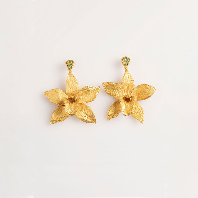 CYMBIDIUM ORCHID AND ROUGH EMERALD EARRINGS