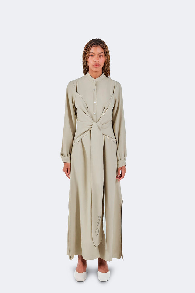 Vestido Zigze Anudado - Musgo - Olga Fisch - Frente