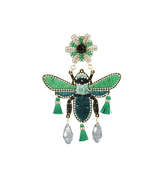 Detail of the Vuelo earrings by Mercedes Salazar embroidered in thread with semi-precious stones