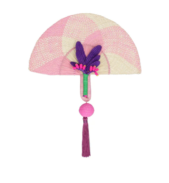 Magia Fan by Mercedes Salazar handwoven in multicolored raffia with a colorful yarn broom