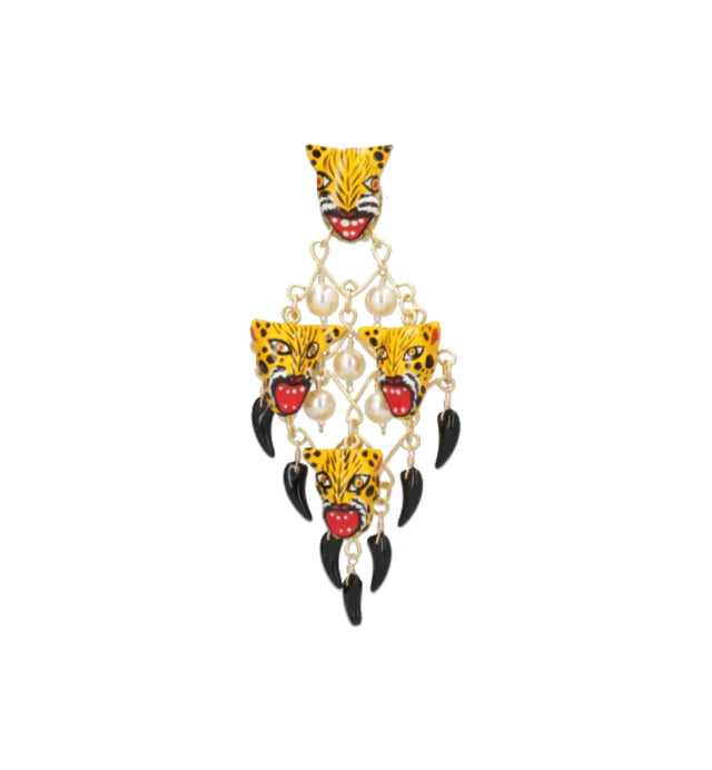 Detail of the Poder earrings by Mercedes Salazar with hand-painted tiger and pearls