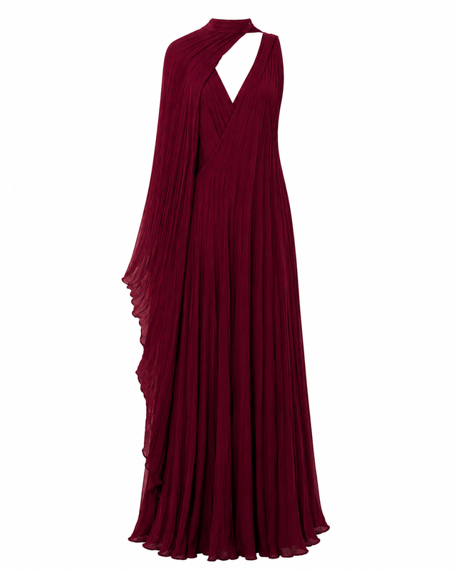 Elara Dress de MateriaCruda, vestido largo en vino con panel lateral extendido, vista principal