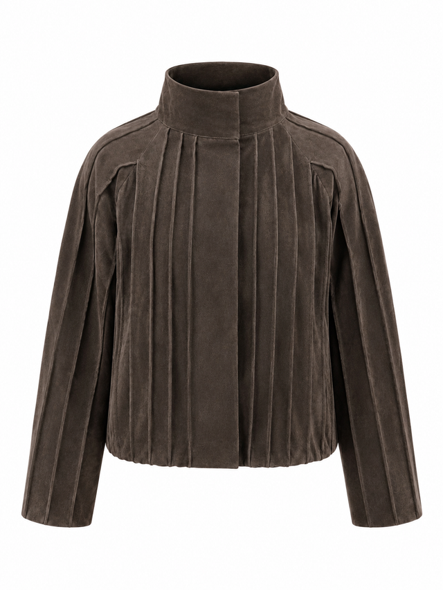 Zaire Jacket de MateriaCruda, chaqueta bomber en cuerina gris con alforzas verticales, vista principal