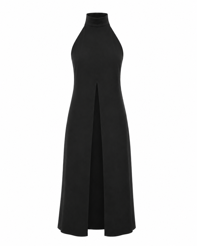 Caeli Shirt de MateriaCruda, blusón largo negro de cuello alto con espalda descubierta, vista principal