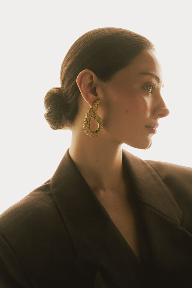 PAISLEY, NORFOLK PINE AND ROUGH EMERALD EARRINGS