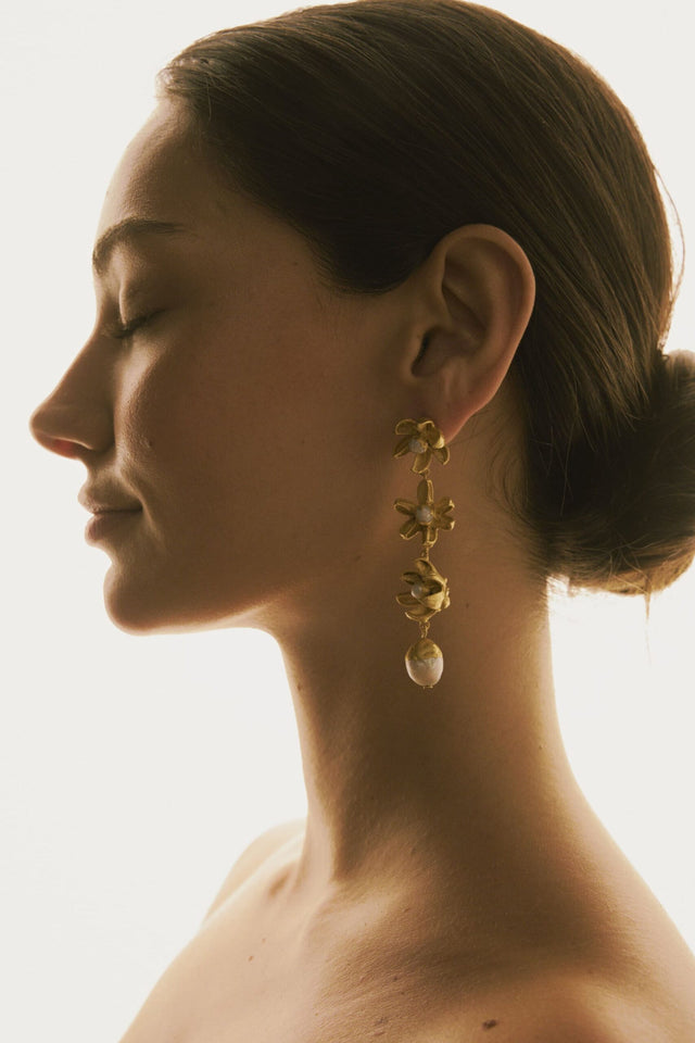 DECONSTRUCTED HYDRANGEA LONG EARRINGS, PEARL AND ROUGH EMERALDS