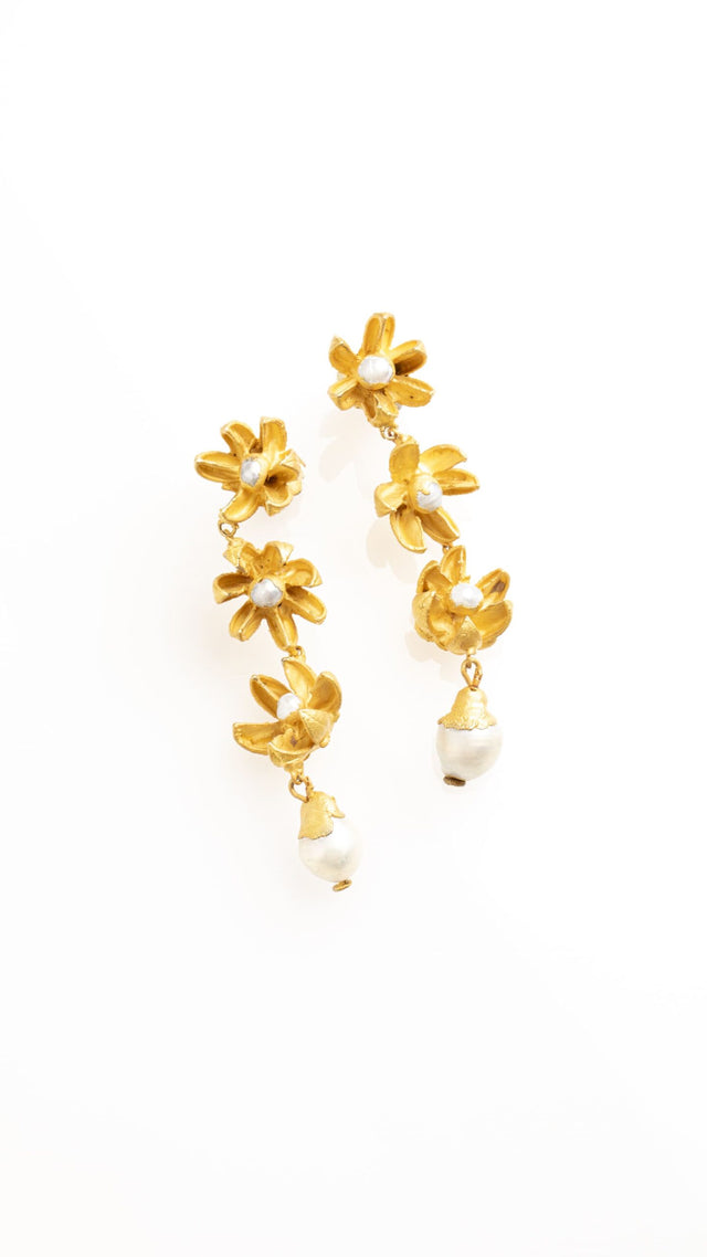 DECONSTRUCTED HYDRANGEA LONG EARRINGS, PEARL AND ROUGH EMERALDS