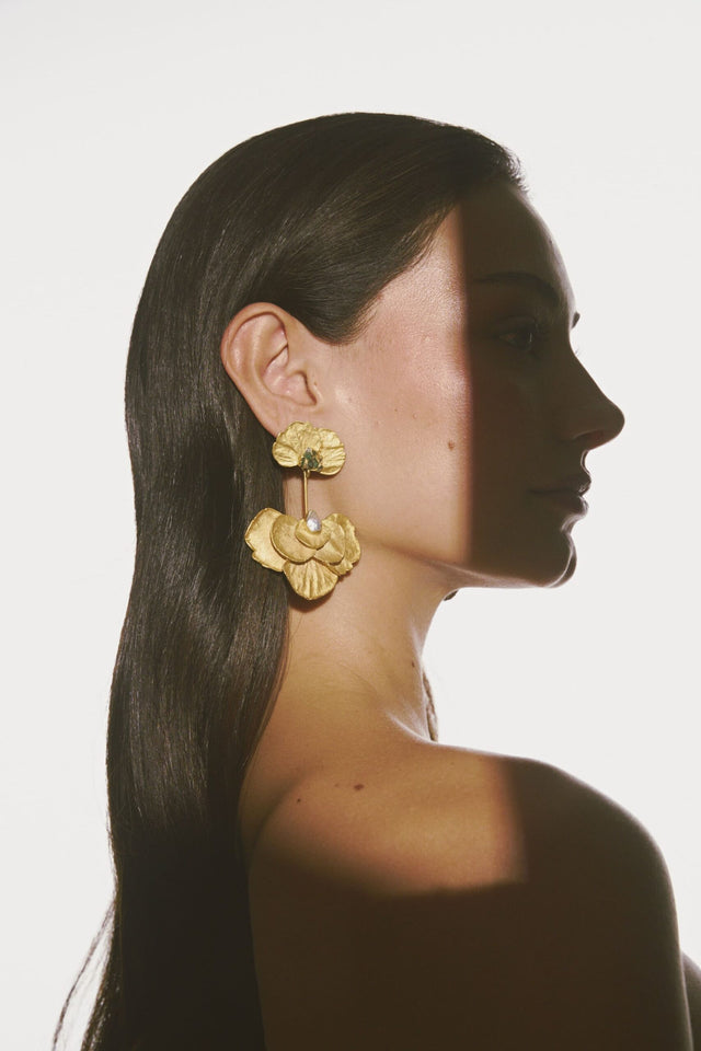 DECONSTRUCTED HYDRANGEA LONG EARRINGS, PEARL AND ROUGH EMERALDS