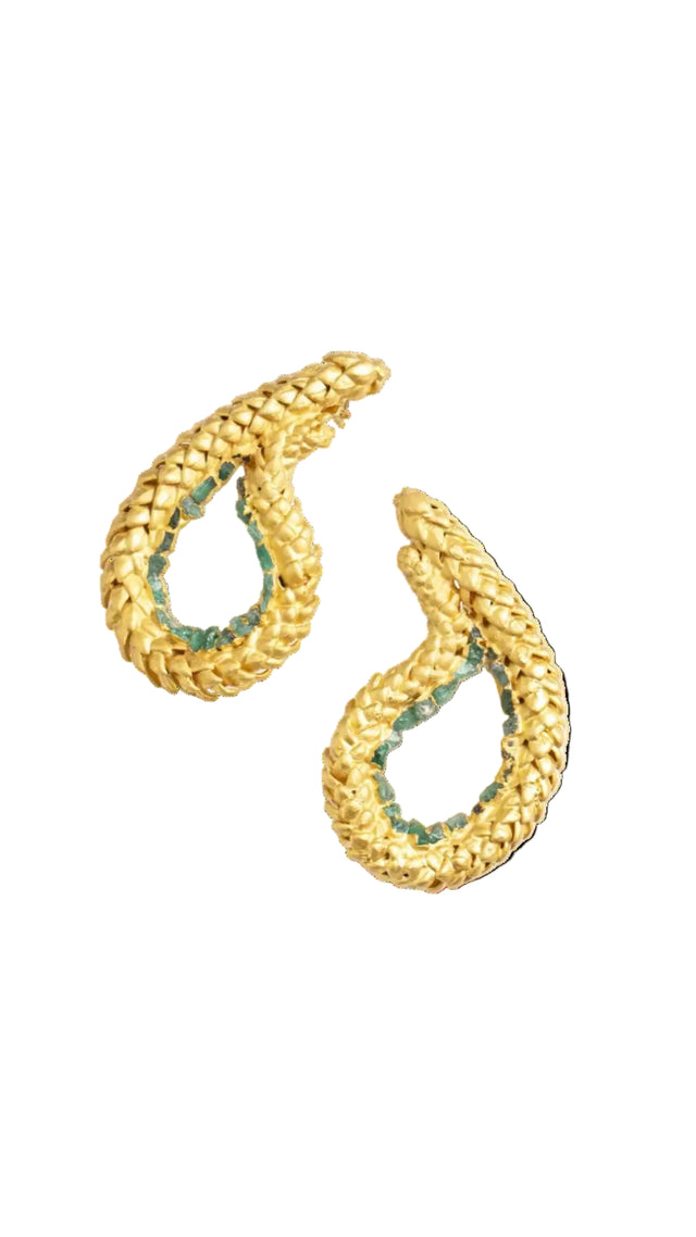 PAISLEY, NORFOLK PINE AND ROUGH EMERALD EARRINGS