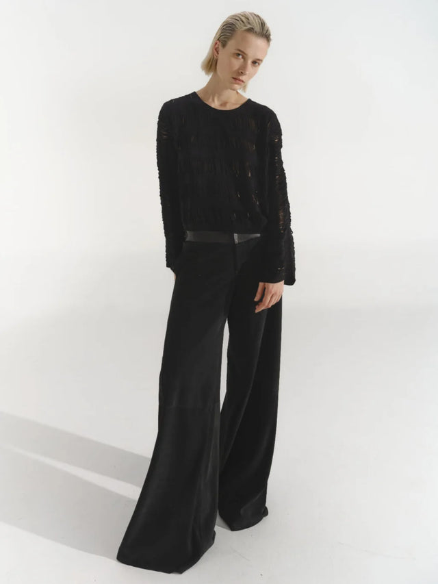 Sweater Tatacoa by Andrea Landa in Black Suede, leather sweater with cut technique, main view
