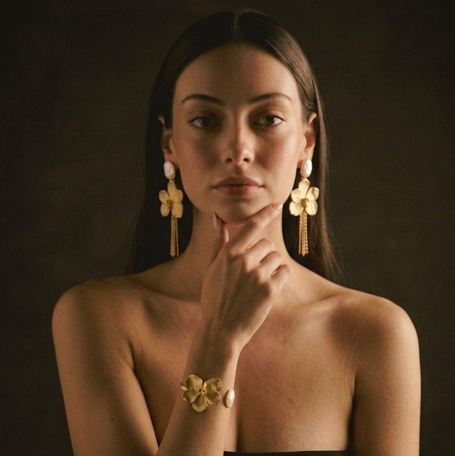 ARETES ORQUÍDEA VANDA CON PERLA Y CADENAS