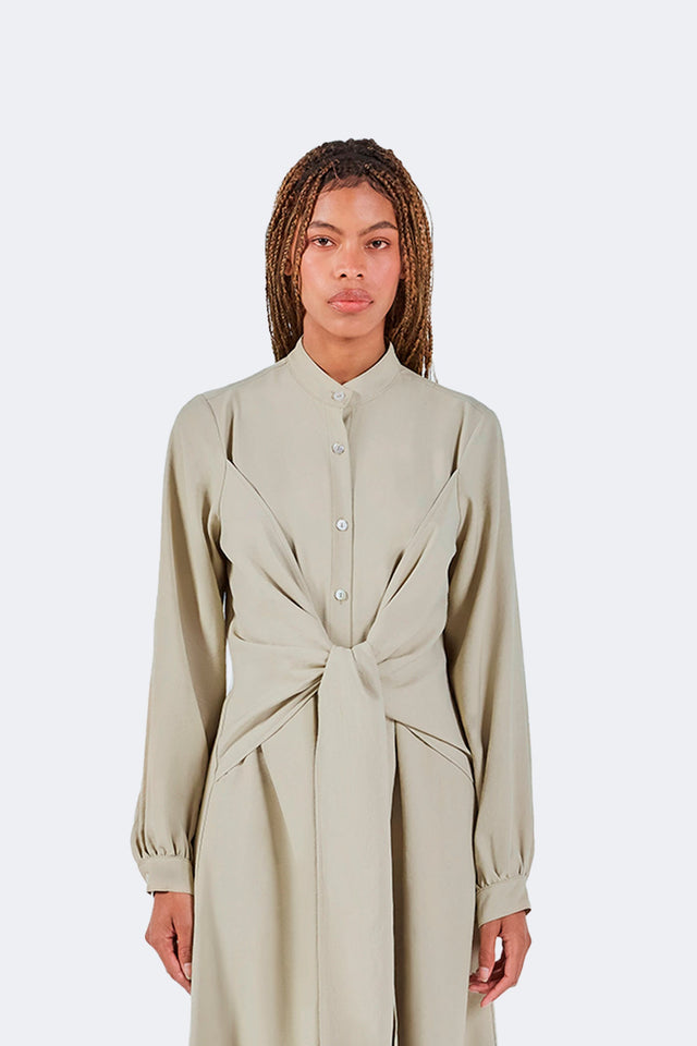 Vestido Zigze Anudado - Musgo - Olga Fisch - Detalle frontal