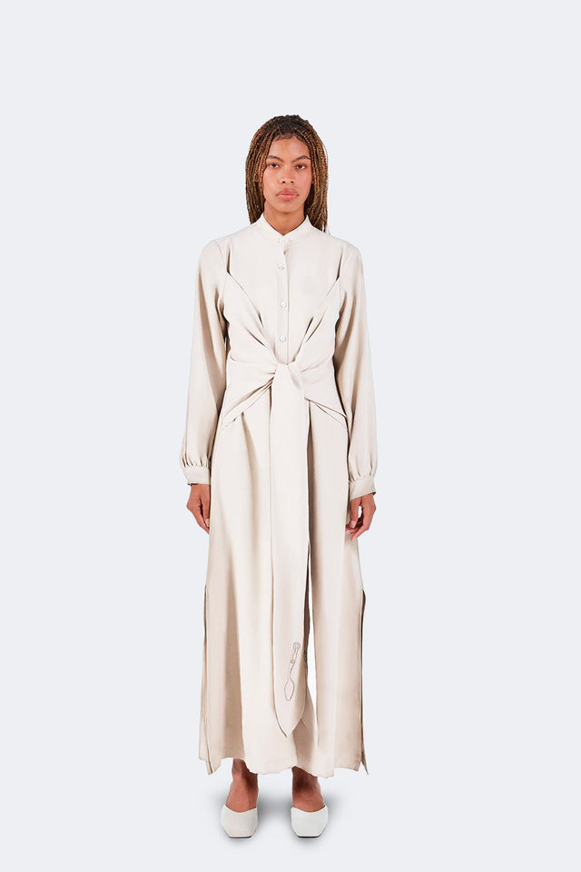Vestido Zigze Anudado - Marfil - Olga Fisch - Frente