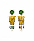 Aretes Guardián de Mercedes Salazar con tigres tallados y pintados a mano, cristales, perlas y bronce dorado