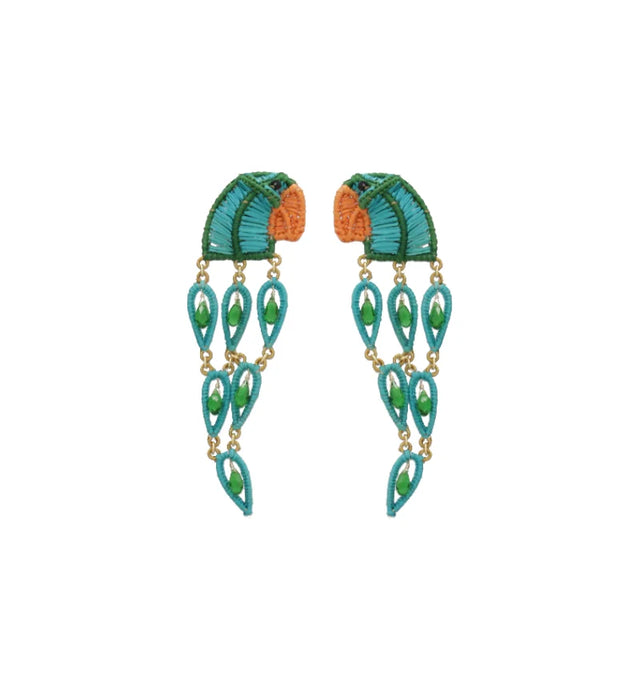 Lolita earrings by Mercedes Salazar handwoven in raffia with semi-precious stones, crystals and gold-plated bronze