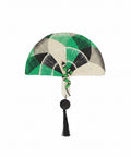 Jungla Fan by Mercedes Salazar handwoven in green raffia with jungle motifs and a colorful yarn broom
