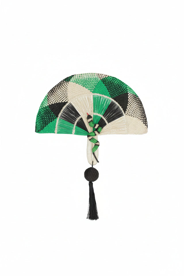 Jungla Fan by Mercedes Salazar handwoven in green raffia with jungle motifs and a colorful yarn broom